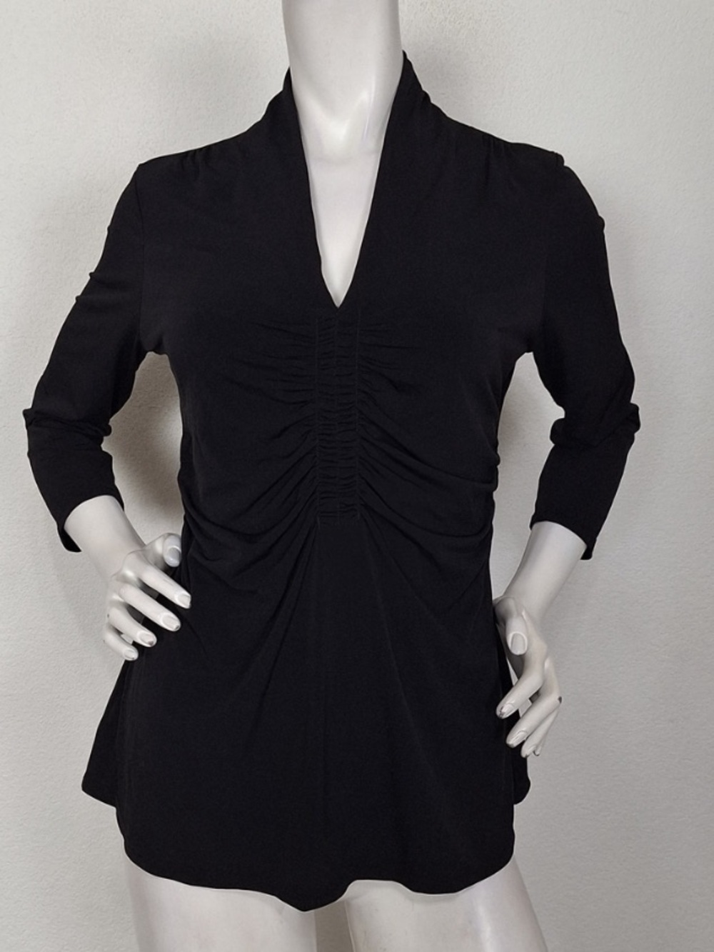 Alfani Black 3/4 Sleeve Ruched V-Neck Preppy Office Siren Tunic Top Size M
